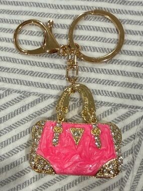 Hot Pink faux diamond Rhinestone 2” mini goldtone metal keychain purse bag clip